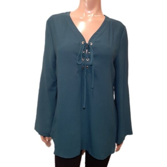 3/$20 GEORGE Boho Tunic Blouse Long Flare Sleeves Lace Up Vneck Teal - Picture 1 of 10